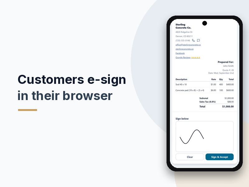 A customer's phone browser showing the quote with a signature box and a Sign and Accept button