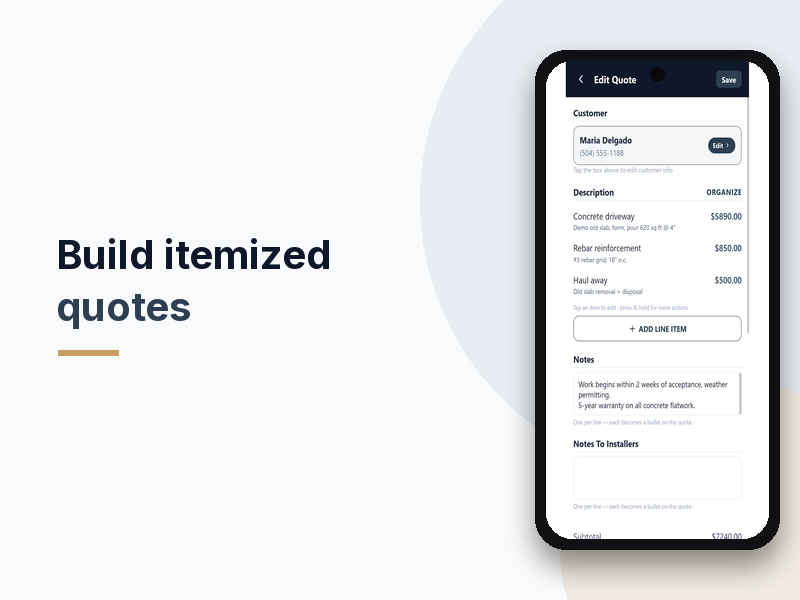 Edit Quote screen with a customer and itemized line items