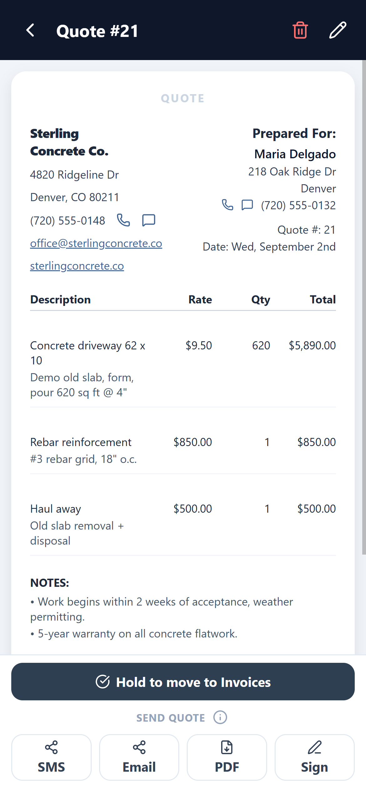 A finished QuoteMaven quote document with tappable company links