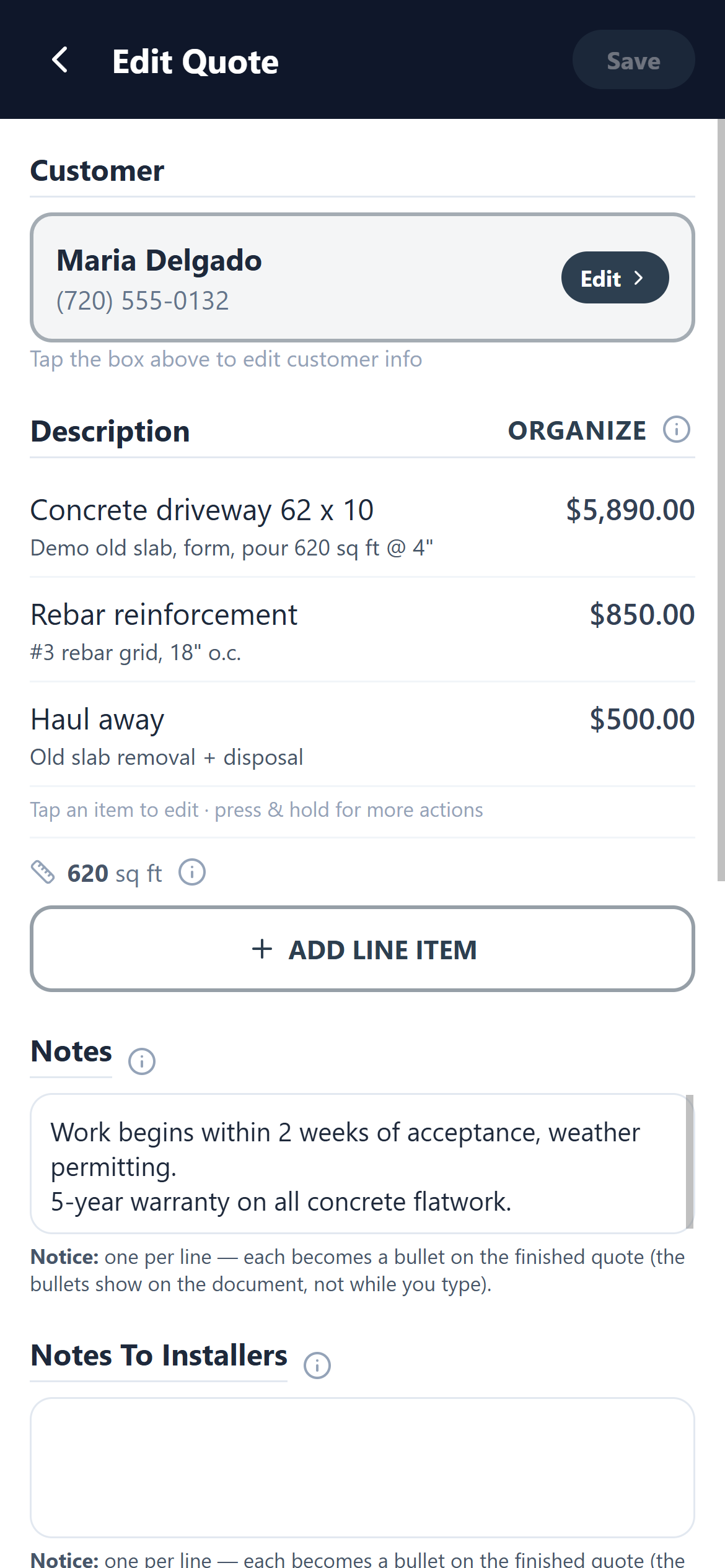 Building a quote in QuoteMaven with line items and totals