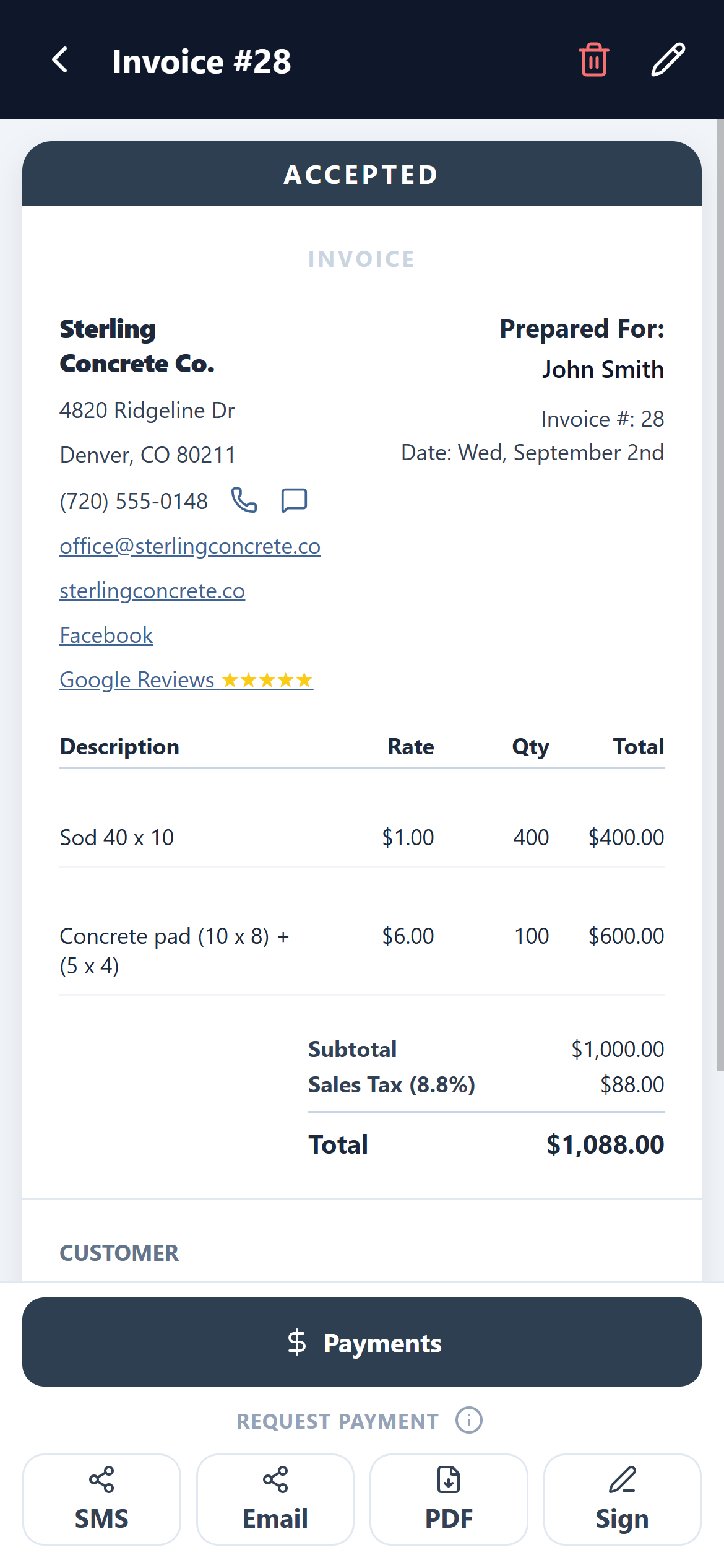 A QuoteMaven invoice with tappable website, Facebook, and Google Reviews star links in the header